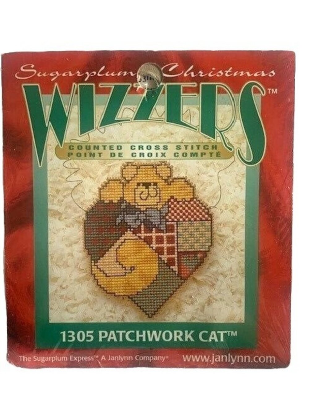 Sugarplum Christmas Wizzers Patchwork Cat Cross Stitch Kit Janlynn Floss/Needle